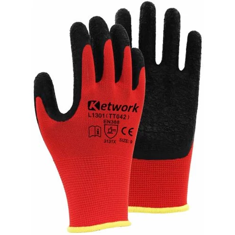 KET TT042 - L1301 (GLK+NP) Tenyérmártott piros kesztyű, gyűrött fekete LATEX mártással 8-11-ig KET TT042 - L1301 (GLK+NP) Tenyérmártott piros kesztyű, gyűrött fekete LATEX mártással 8-11-ig