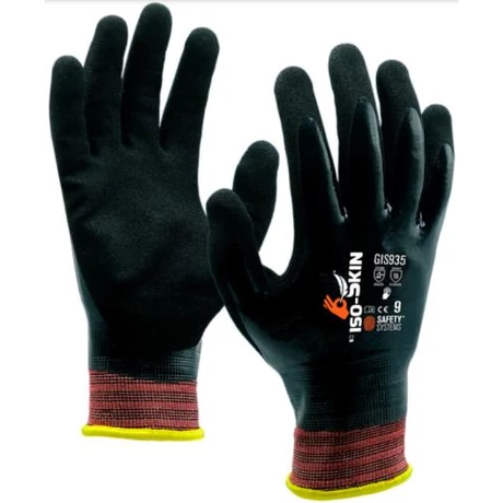 Lanzi GIS935 Hőálló vágásbiztos 1/1 mártott szerelő kesztyű, PU - nitril - nitrilhab bevonattal homokszórt felülettel (fekete-bordó) 6-11-ig