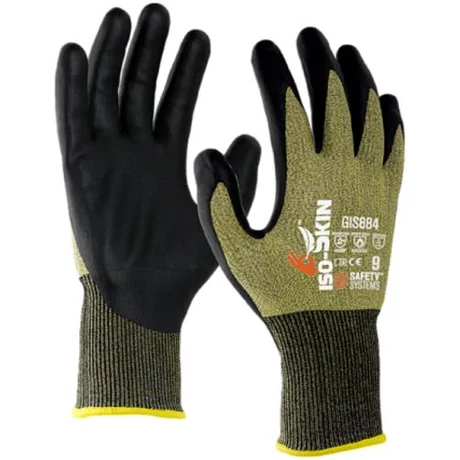 Lanzi GIS884 Hőálló, Vágásbiztos, Antisztatikus Hi-Foam 1/2 mártott preciziós szerelő kesztyű (fekete-okker) 6-11-ig